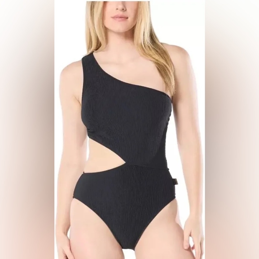 michael kors ribbed one shoulder side cutout black swim 10